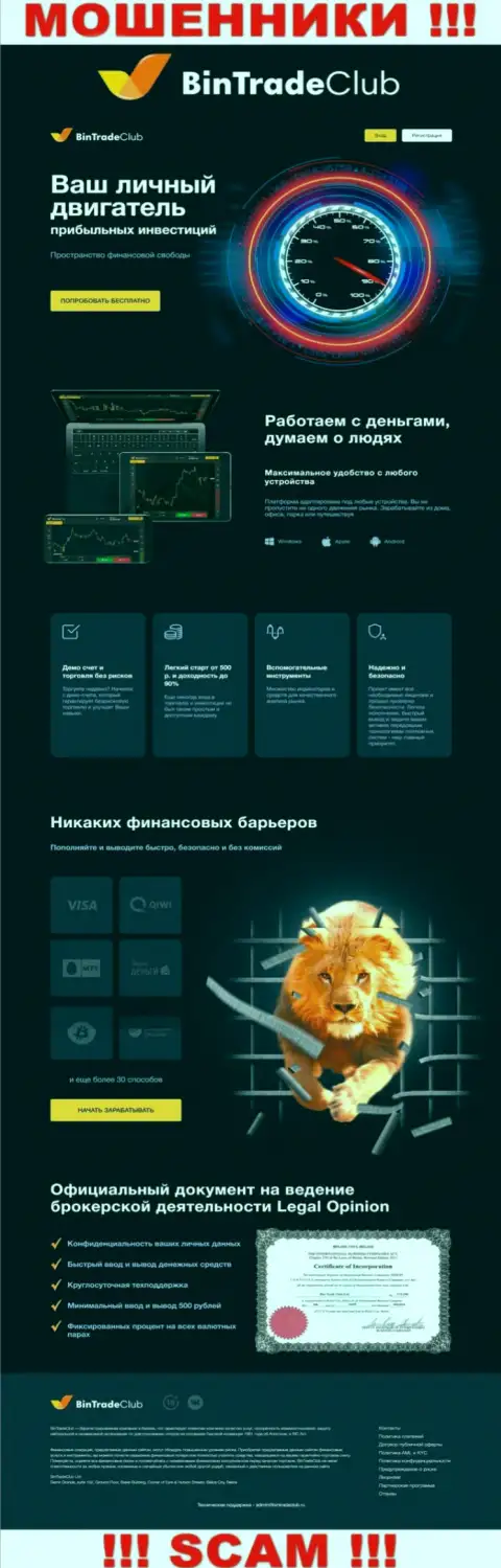 Официальная онлайн-страница мошеннического проекта BinTradeClub Ru