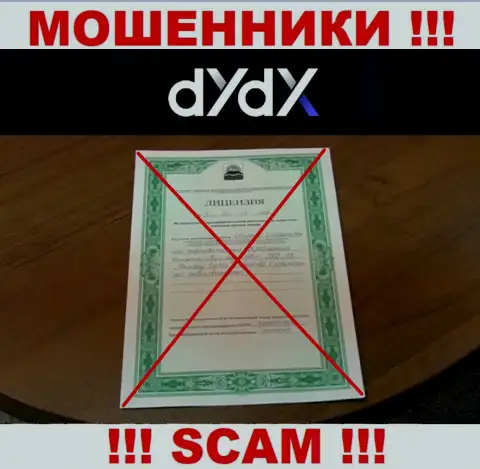 У организации dYdX не предоставлены данные об их лицензии на осуществление деятельности - это наглые интернет-мошенники !