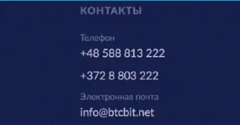 Телефоны и е-мейл обменного online-пункта BTC Bit