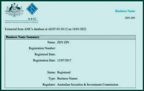 Биржевая организация Зиннейра имеет регистрацию в Австралии
