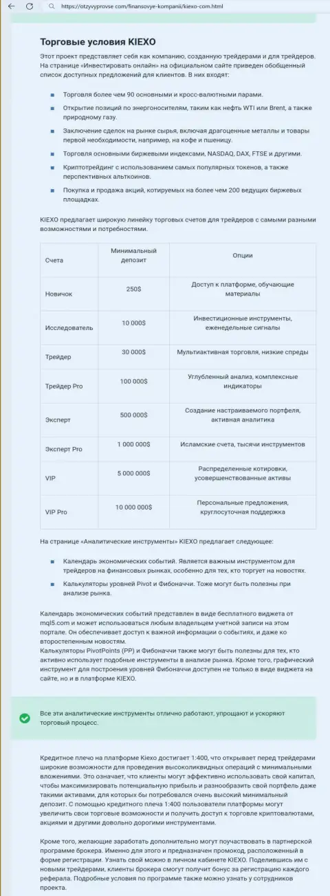 Анализ условий торгов дилинговой компании KIEXO LLC в информационном материале на портале otzyvyprovse com