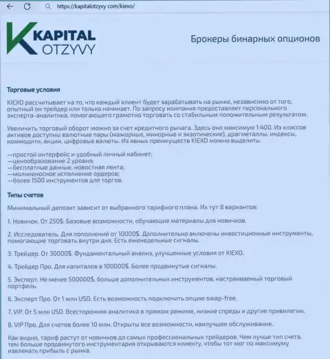 Сайт kapitalotzyvy com у себя на полях также разместил информационную публикацию о условиях для торговли дилера Киексо