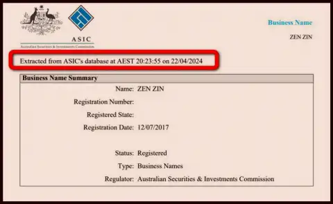 Документ, доказывающий наличие регистрации у брокерской компании Zinnera