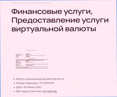 Лицензионное разрешение криптовалютного обменного online-пункта BTCBit на оказание услуг с криптой